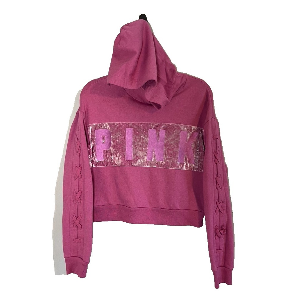 Victorias Secret Pink Cropped Hoodie Velvet S Lace Up Y2K Retro Shimmer Grunge
